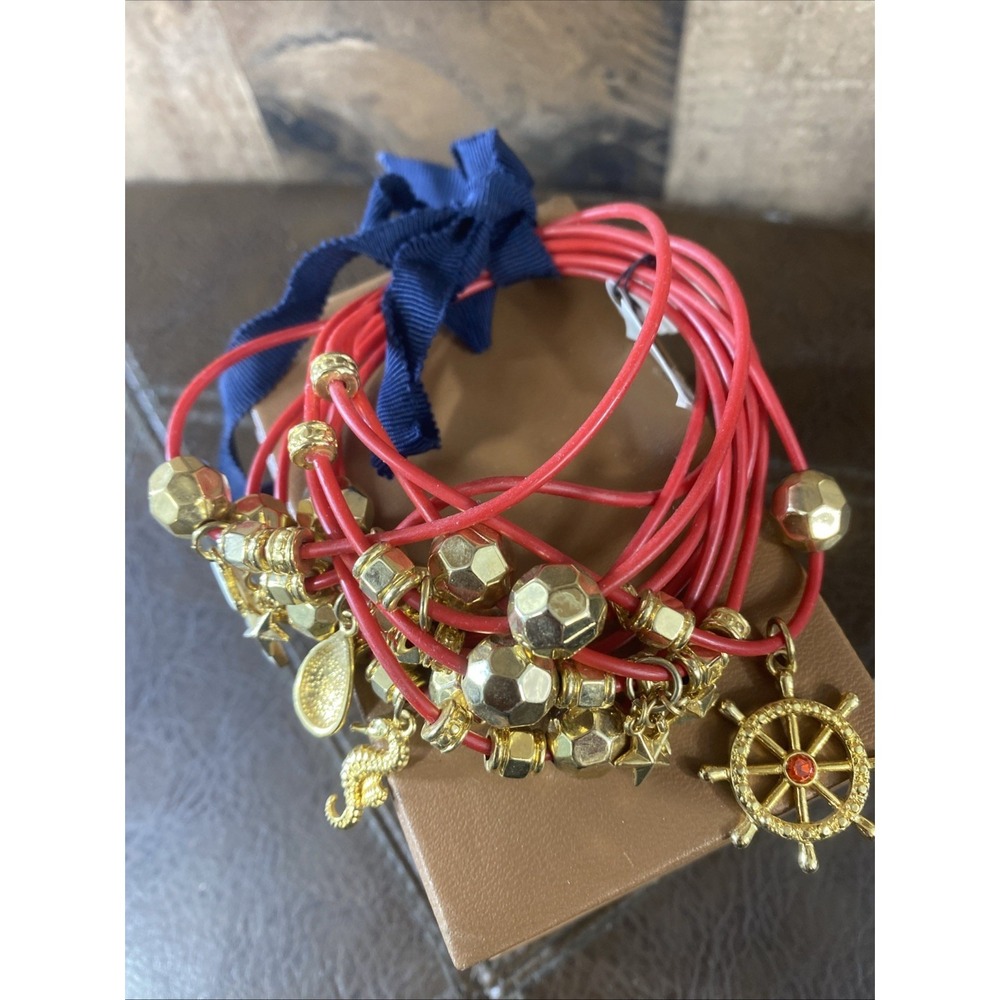 Vtg Red Silicone Rope Nautical Anchor Seashell Gold Tone Charms Bracelet Y2K New